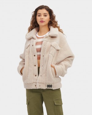 Ugg Frankie Sherpa Trucker Women's Jackets Beige | KEZVFHQ-97