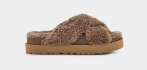 Ugg Fuzz Sugar Cross Women's Slides Chocolate | MPELJBF-59