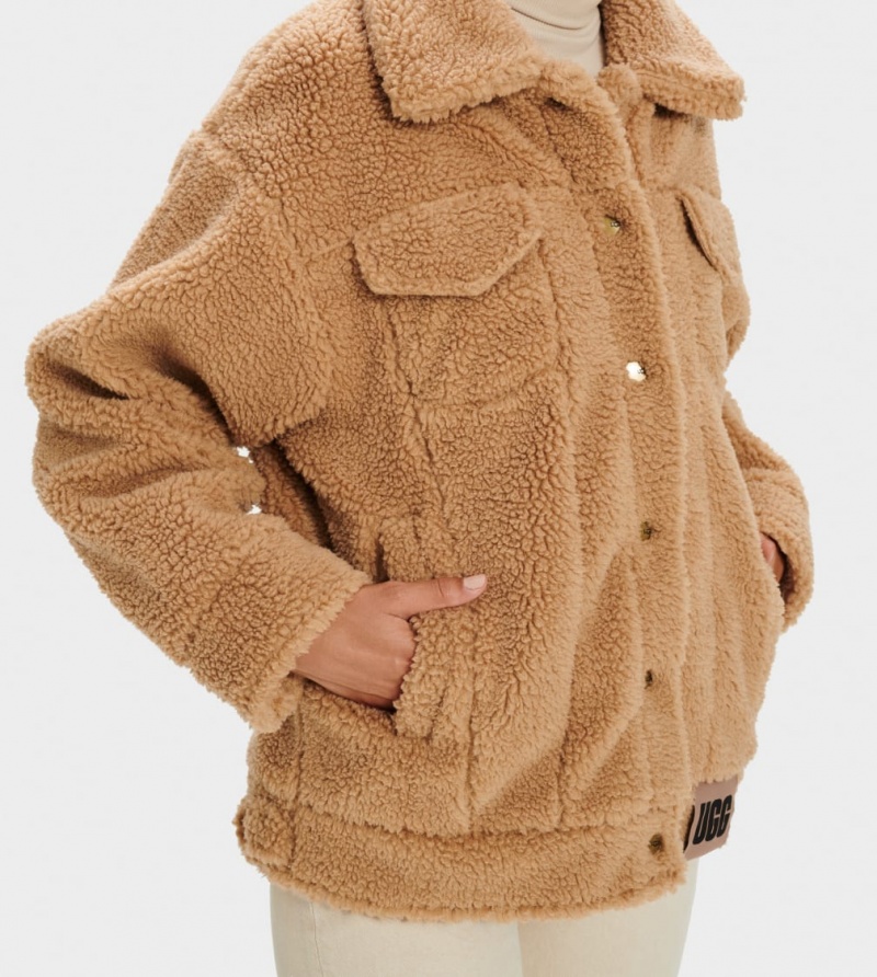 Ugg Frankie Sherpa Trucker Women's Jackets Brown | CYHMFUV-21