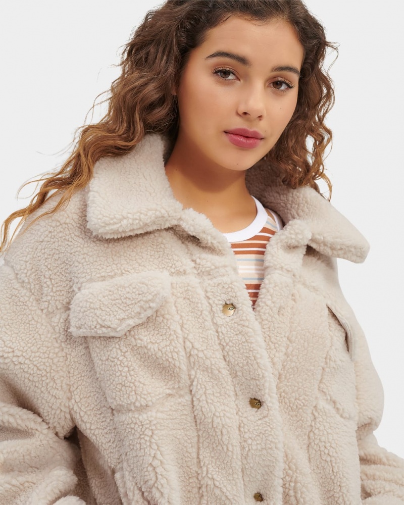 Ugg Frankie Sherpa Trucker Women's Jackets Beige | KEZVFHQ-97