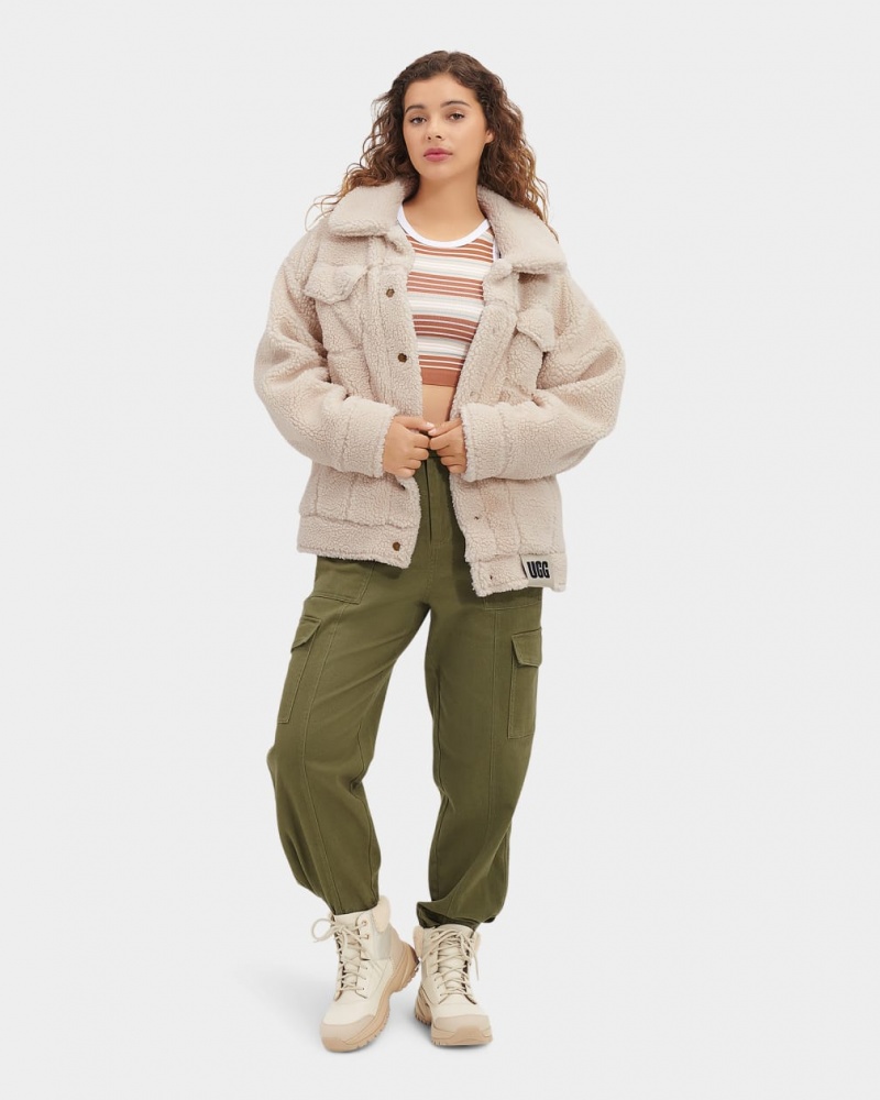 Ugg Frankie Sherpa Trucker Women's Jackets Beige | KEZVFHQ-97