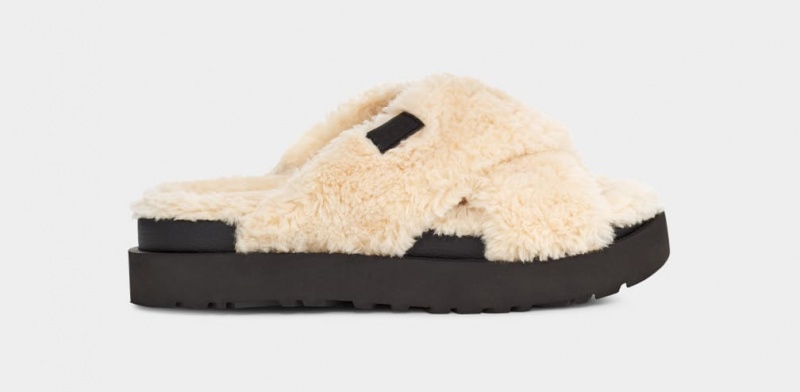 Ugg Fuzz Sugar Cross Women\'s Slides Beige / Black | CHEXTFP-20