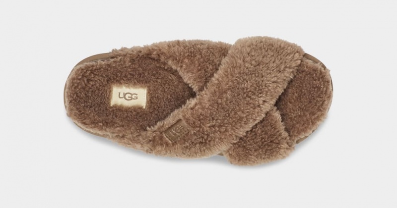 Ugg Fuzz Sugar Cross Women's Slides Chocolate | MPELJBF-59