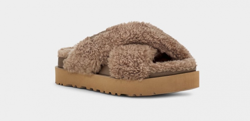 Ugg Fuzz Sugar Cross Women's Slippers Dark Grey | ROQJVEG-20