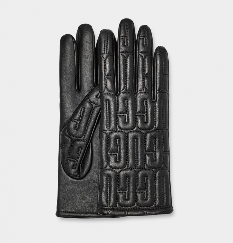 Ugg Leather Quilted Logo Women\'s Gloves Black | ISBYEMO-74