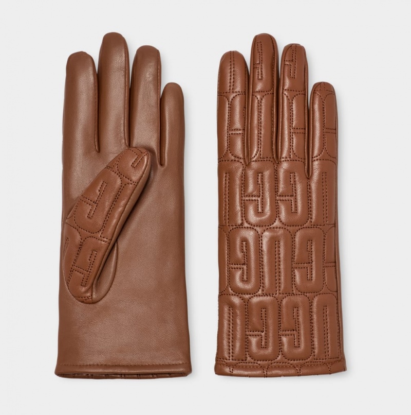 Ugg Leather Quilted Logo Women's Gloves Brown | BHGLTCS-13