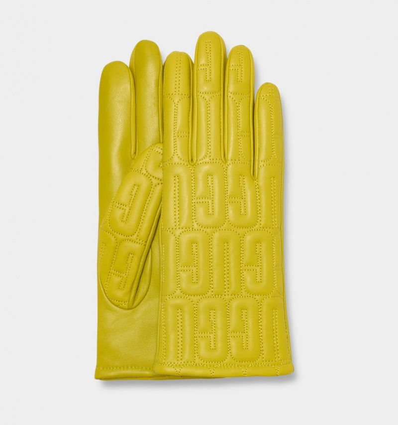 Ugg Leather Quilted Logo Women\'s Gloves Yellow | YVFHBRW-54