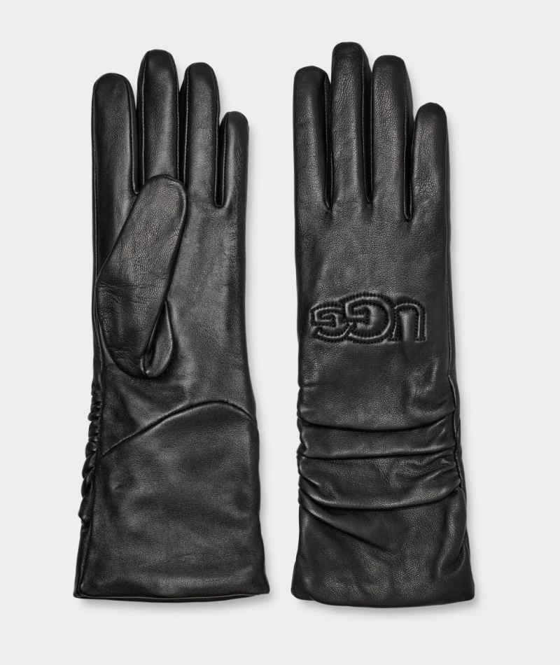 Ugg Leather Scrunched Logo Women's Gloves Black | FEQJAYH-26