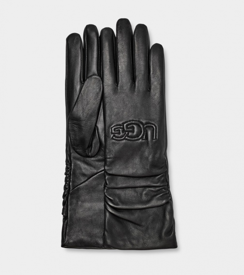 Ugg Leather Scrunched Logo Women\'s Gloves Black | FEQJAYH-26