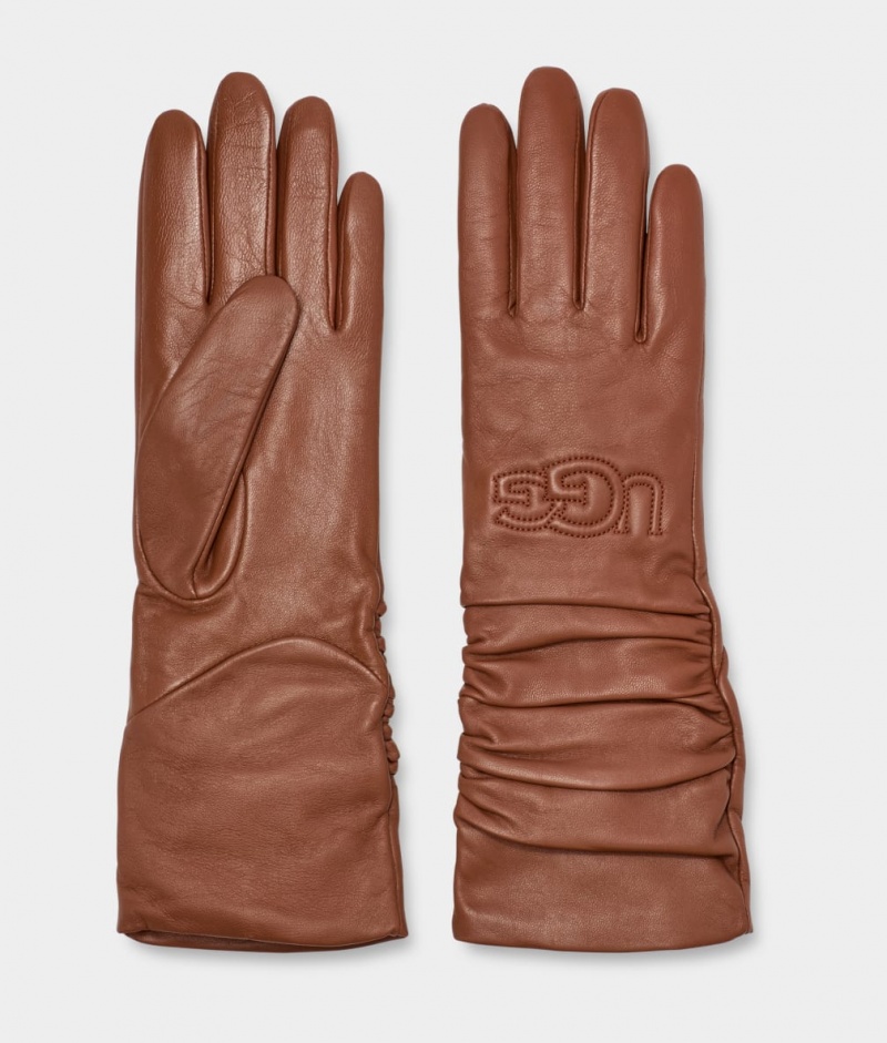 Ugg Leather Scrunched Logo Women's Gloves Brown | LJEPSDX-25