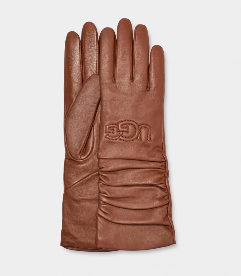 Ugg Leather Scrunched Logo Women\'s Gloves Brown | LJEPSDX-25