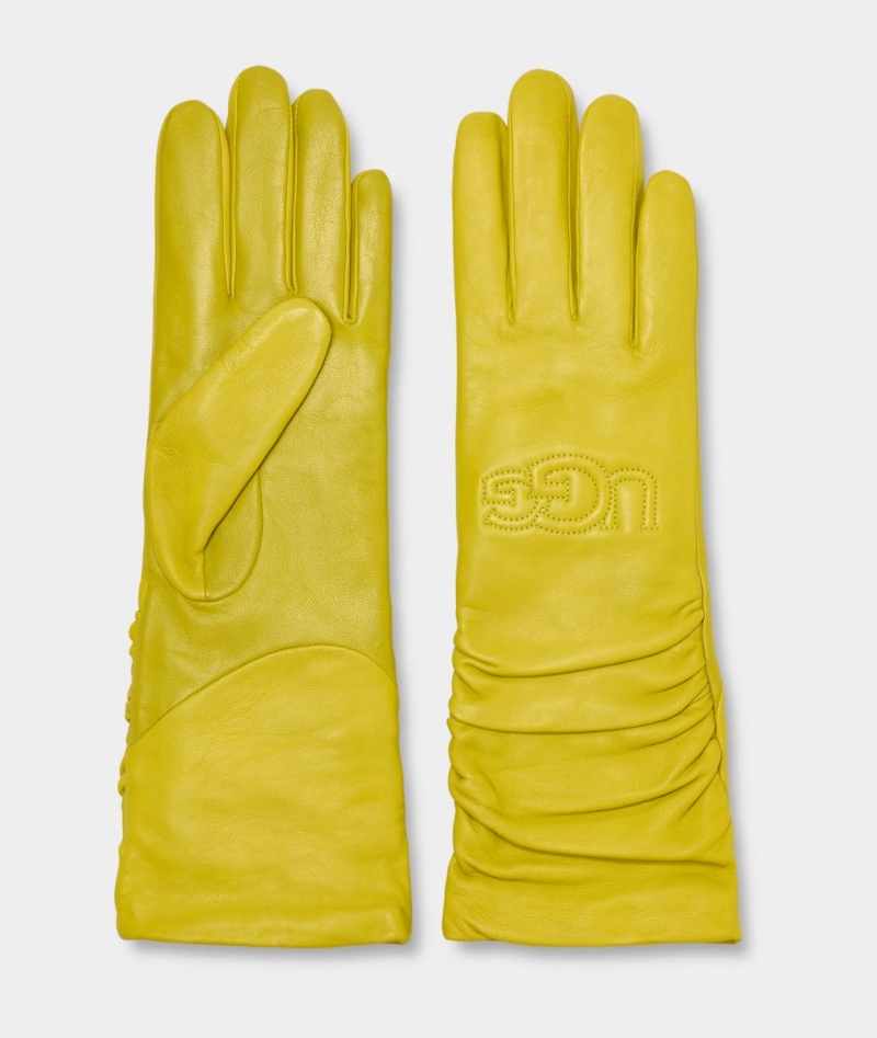 Ugg Leather Scrunched Logo Women's Gloves Yellow | YDNWEFL-37