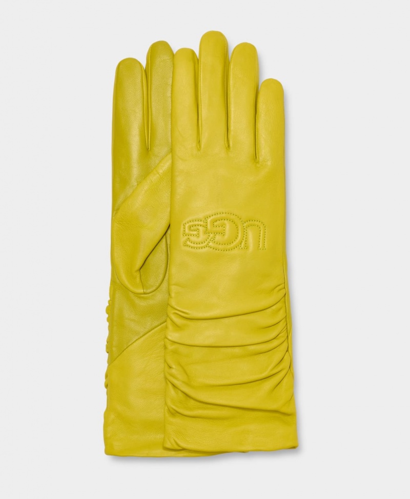 Ugg Leather Scrunched Logo Women\'s Gloves Yellow | YDNWEFL-37