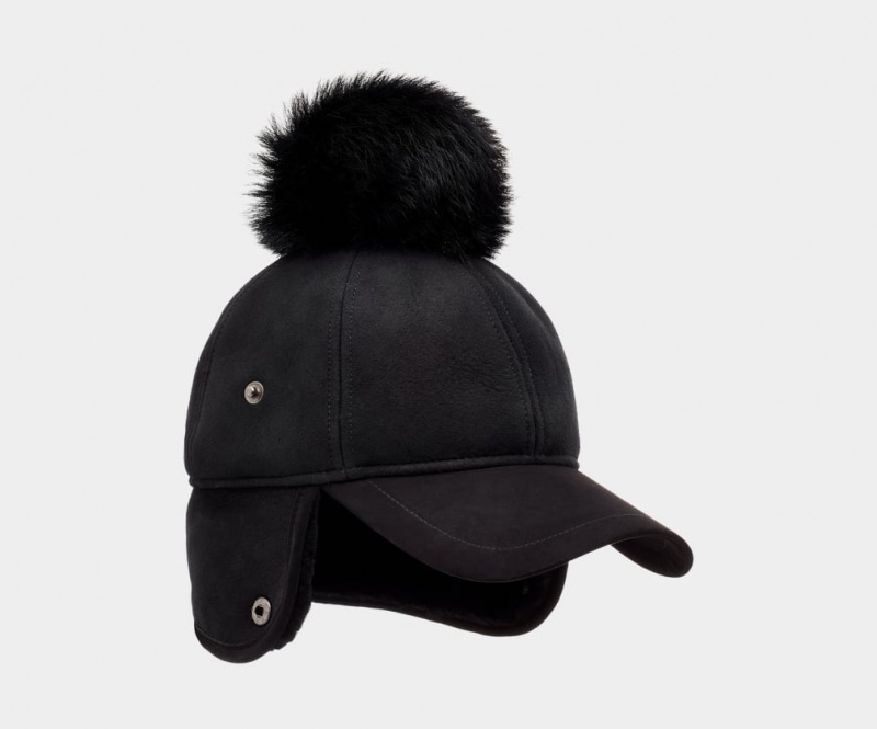 Ugg Leather Sheepskin Trapper Women\'s Caps Black | HNYTVDE-32