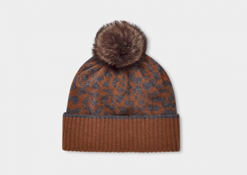 Ugg Pryce Leopard Rib Knit Pom Women\'s Hats Grey | EQIUMHD-45