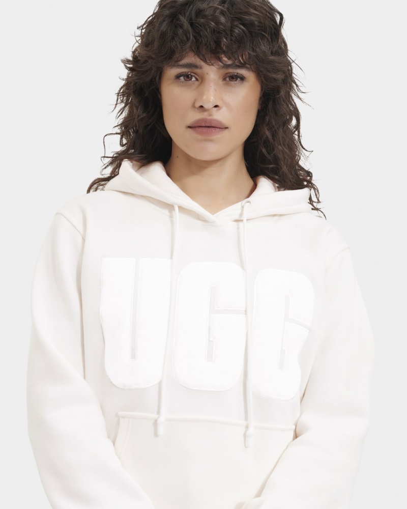 Ugg Rey Fuzzy Logo Women's Hoodie White | DNZCQUL-62