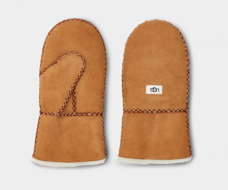 Ugg Sheepskin Mitten with Stitch Kids' Gloves Brown | WZSYJON-98