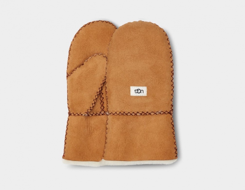 Ugg Sheepskin Mitten with Stitch Kids\' Gloves Brown | WZSYJON-98