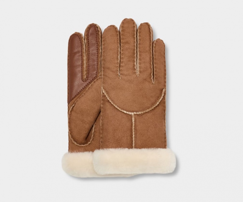 Ugg Sheepskin Whipstitch Women\'s Gloves Brown | SLXGKBE-94