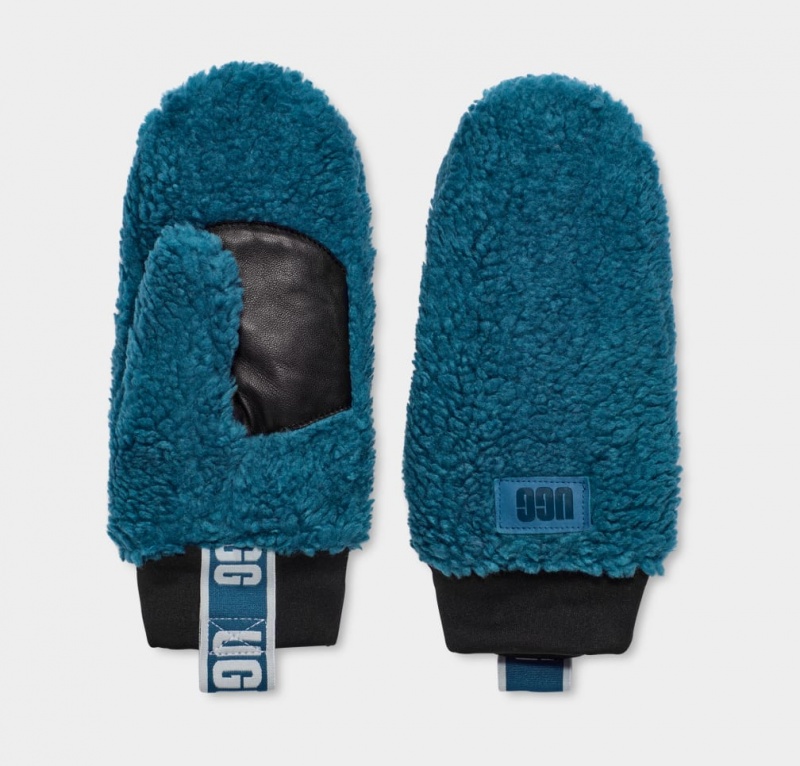 Ugg Sherpa Mitten W Logo Tape Women's Gloves Blue | YQGXSIJ-27