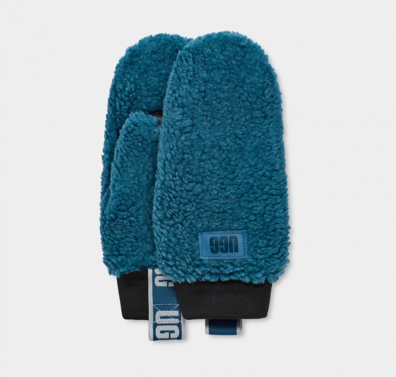 Ugg Sherpa Mitten W Logo Tape Women\'s Gloves Blue | YQGXSIJ-27